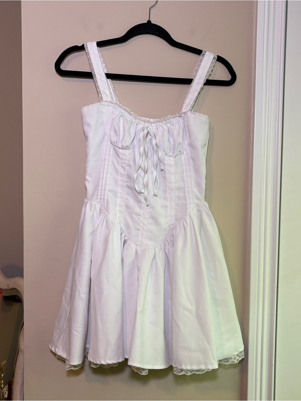Ivory Lace-Trim Mini Dress with Tie Front